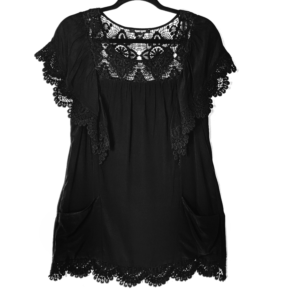 😺 Daniel Rainn Black Silk Blouse w/ Crochet Lace - Picture 1 of 7